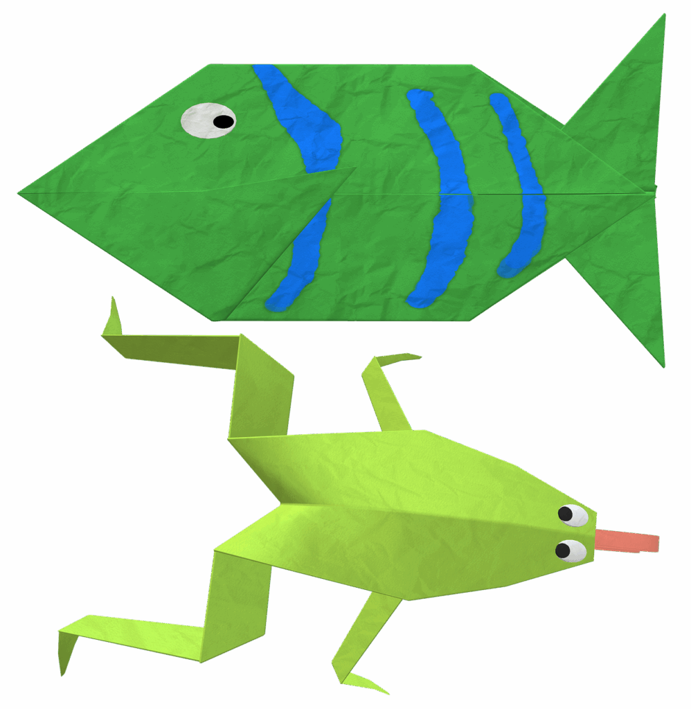 fish, animal, aquatic, wildlife, fauna, frog, amphibian, green, cartoon, cute, character, origami, paper, hobby, folds, design, craft, funny, fun, 3d render, cutout, nature